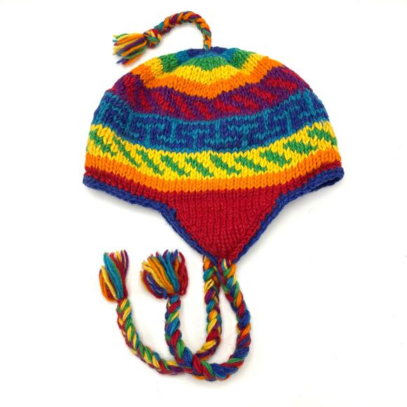 Rainbow Striped Wool Sherpa Hat Earflap Beanie Toque Toboggan Stocking Cap Nepal - Picture 1 of 7